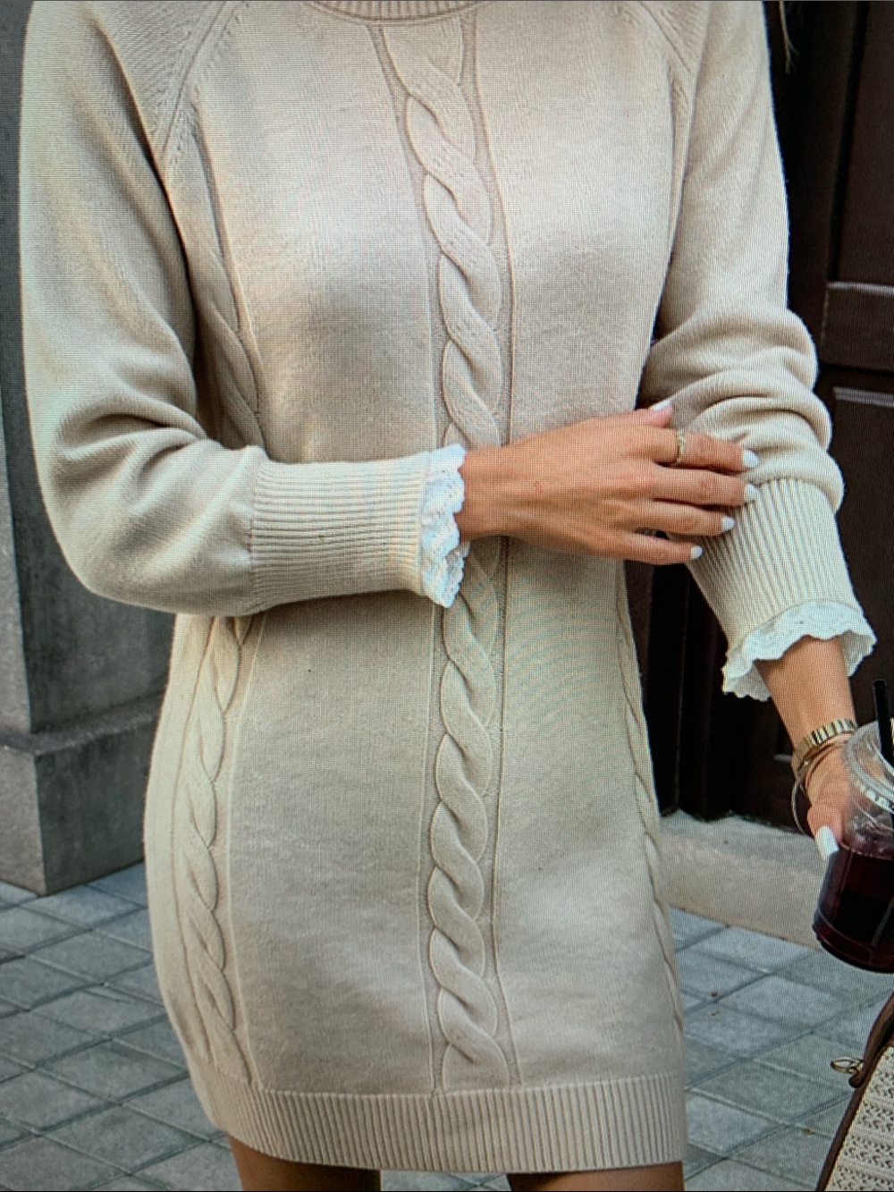 Cream Cable-Knit Women's Sweater Dress - Picture 4 of 5